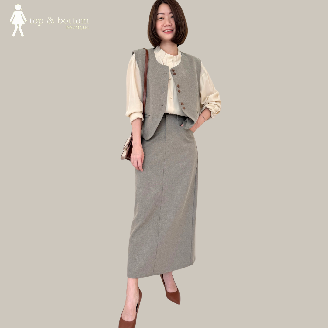 LONG SLEEVE SHIRT WITH VEST & PENCIL SKIRT SET SUIT (3 PCS)