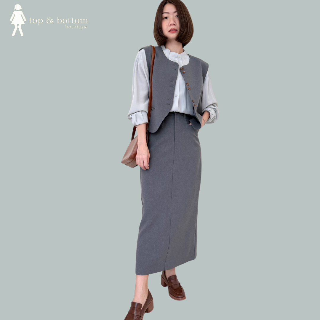 LONG SLEEVE SHIRT WITH VEST & PENCIL SKIRT SET SUIT (3 PCS)