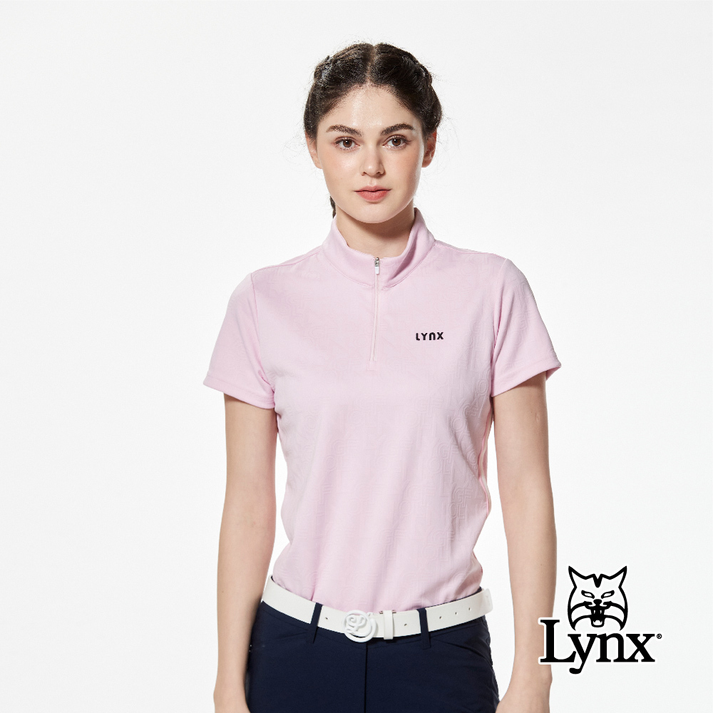 【Lynx Golf】吸排雙面緹花配色織帶開杈短袖立領POLO衫/高爾夫球衫