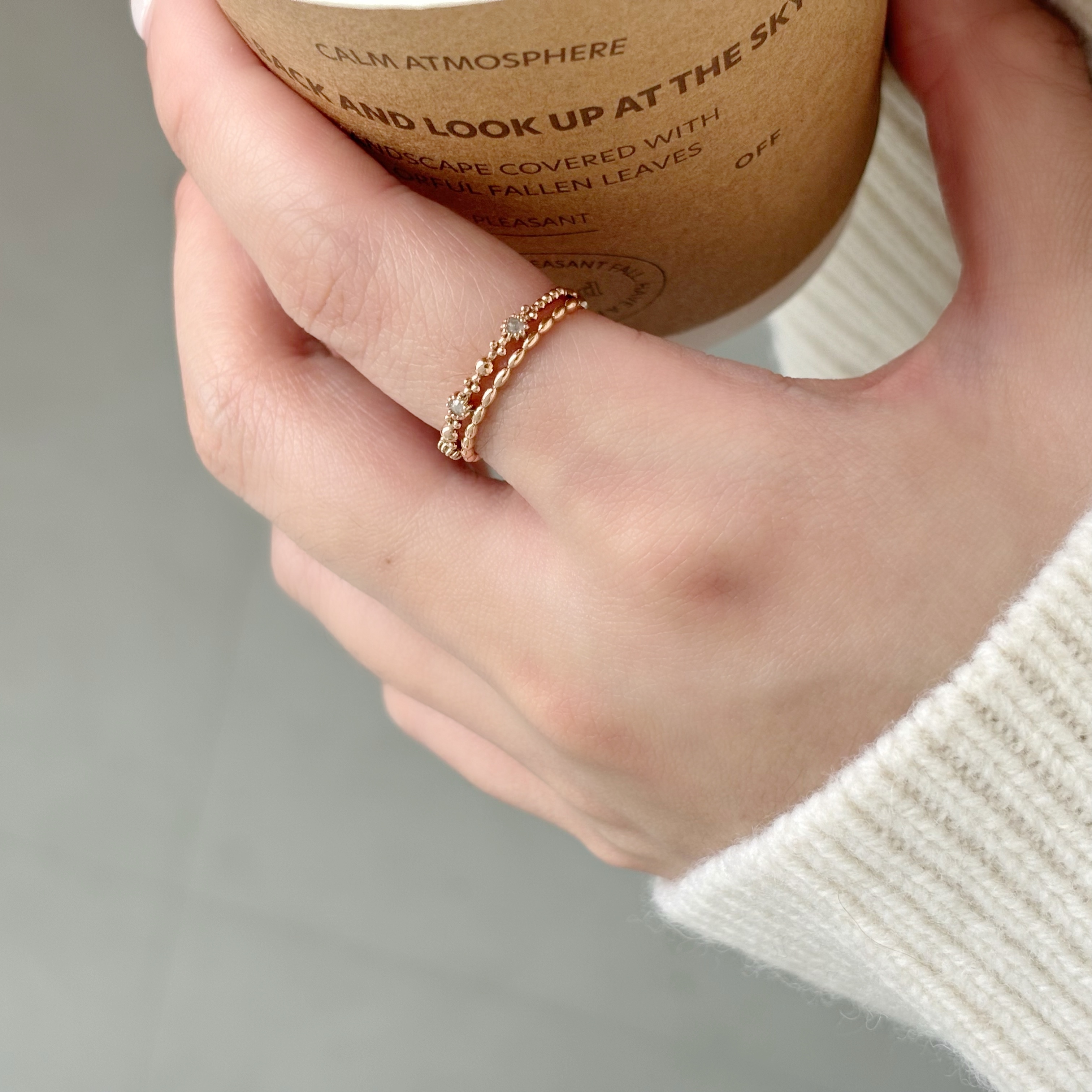 14K雙層小花灰鑽米粒戒指