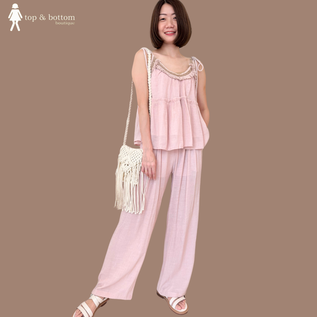 STRAP ETHNIC TASSEL BLOUSE & PANT SET SUIT (2 PCS)