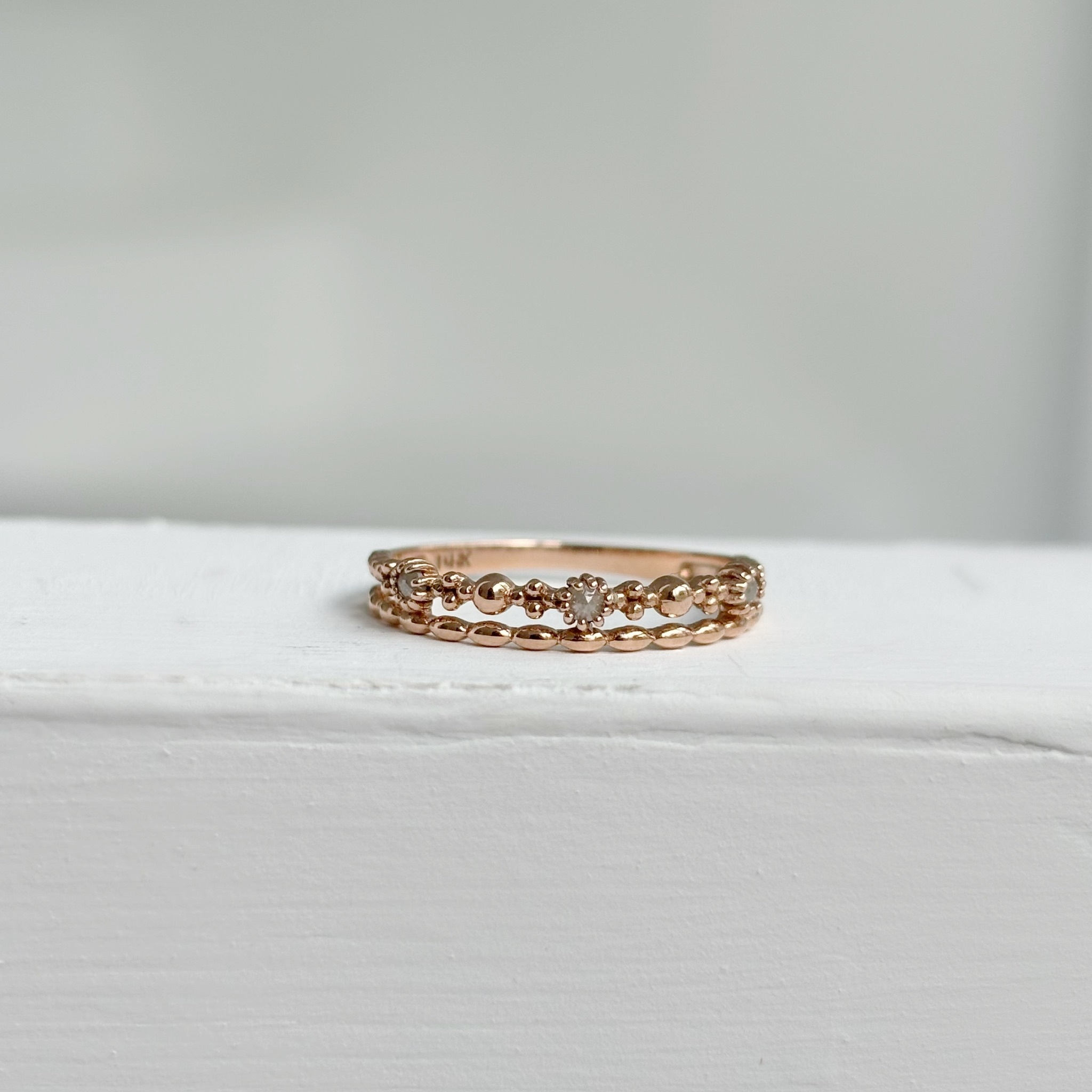 14K雙層小花灰鑽米粒戒指