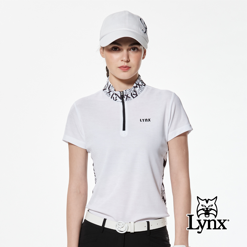 【Lynx Golf】吸排組織布剪接LOGO配布短袖立領POLO衫/高爾夫球衫