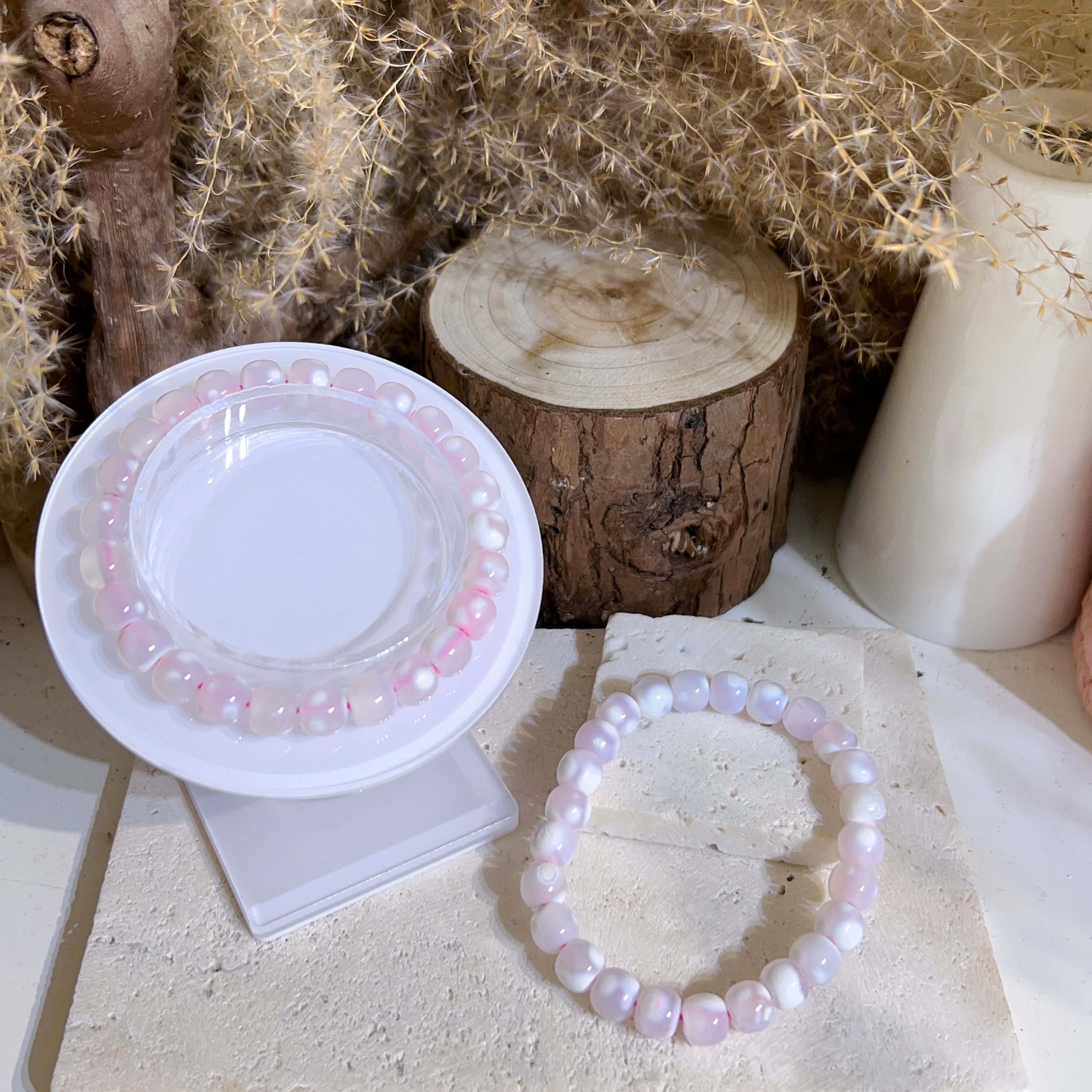 雪花粉玉髓手串 7+mm