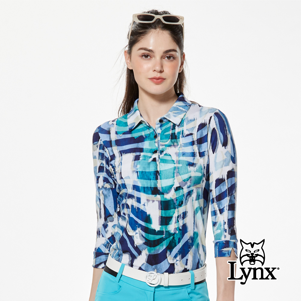 【Lynx Golf】歐洲布料花布圖樣兩袖開杈七分袖POLO衫