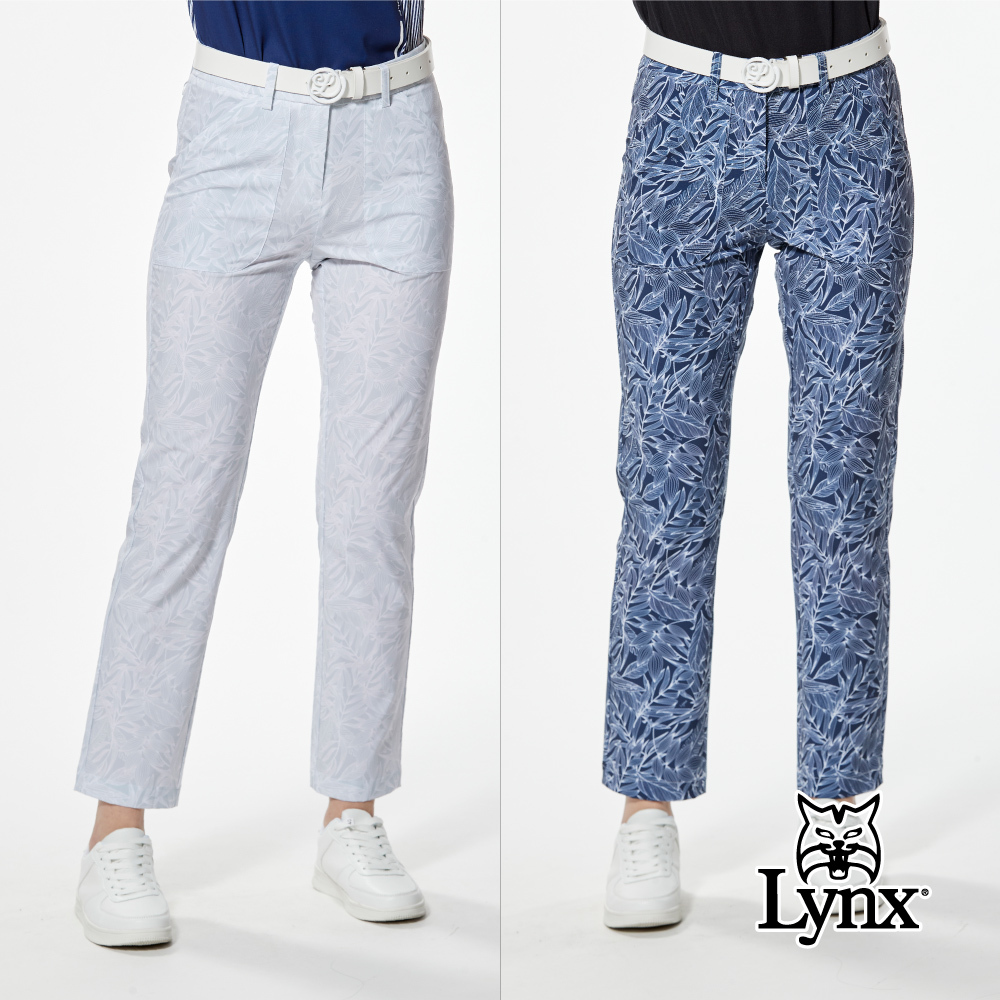 【Lynx Golf】吸排抗UV葉子線條印花LOGO夾標窄管九分褲