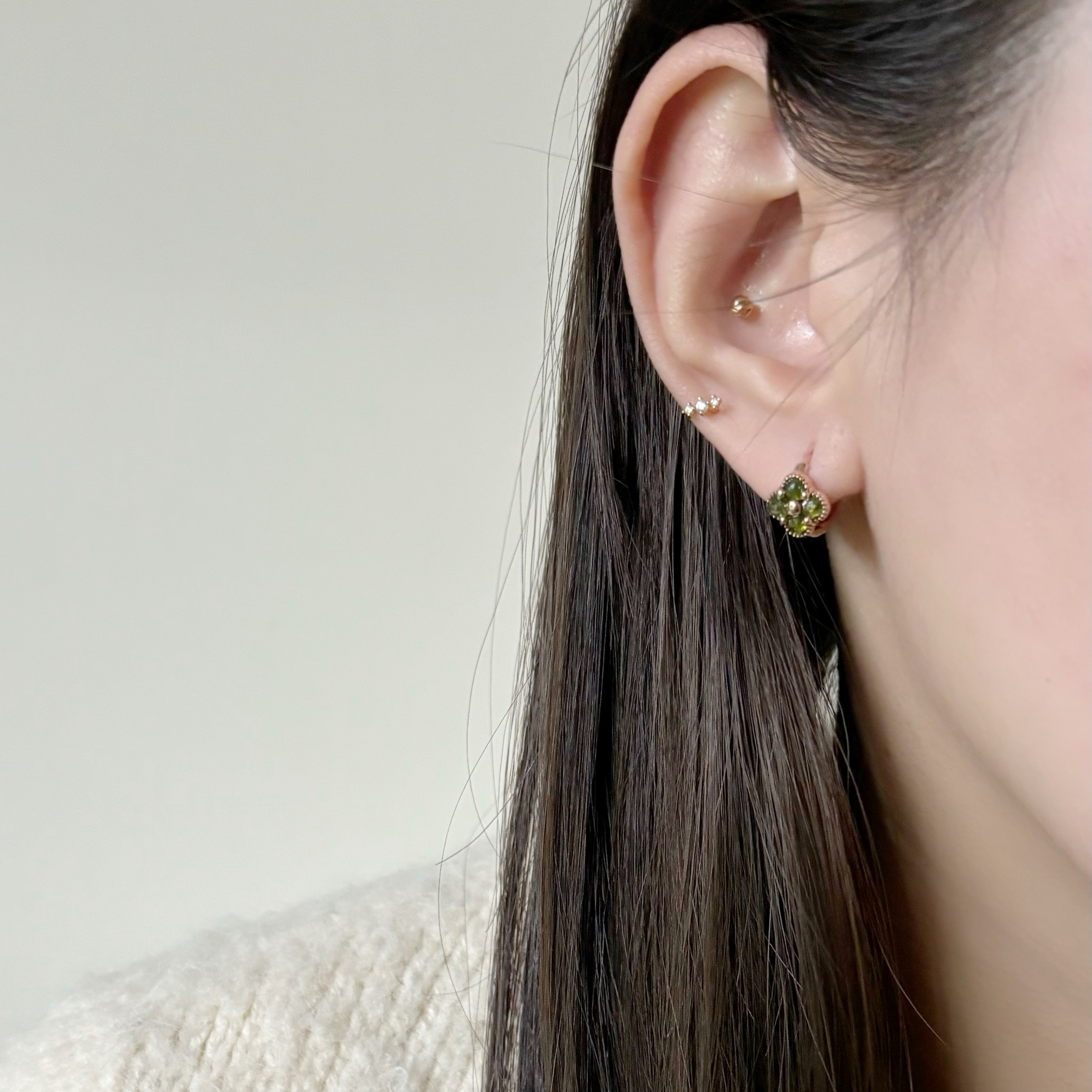 14K四葉草綠鑽原礦耳圈