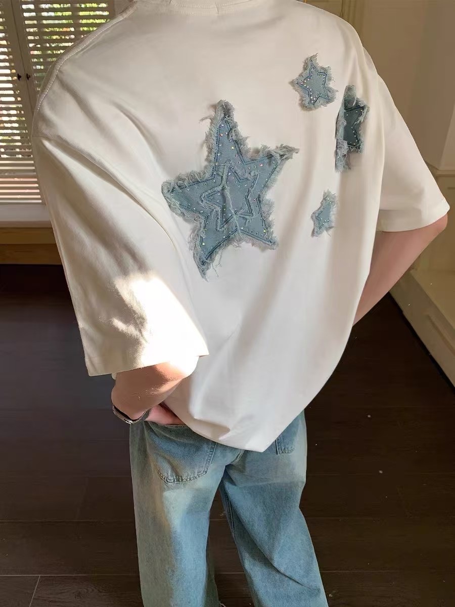 Gonow218 牛仔貼布細鑽短Tee — xy2514