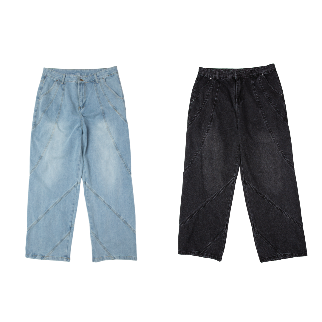 SALE- 螺旋車線 刷白 牛仔長褲 中性男女可穿 藍色 黑色 【 FUZY 】- P202525