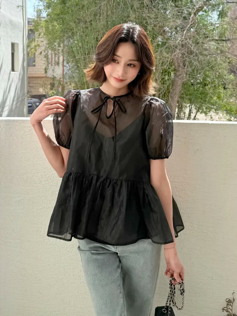 經典黑澎澎袖歐根紗綁帶蝴蝶結上衣S-M (Elegant & Love)