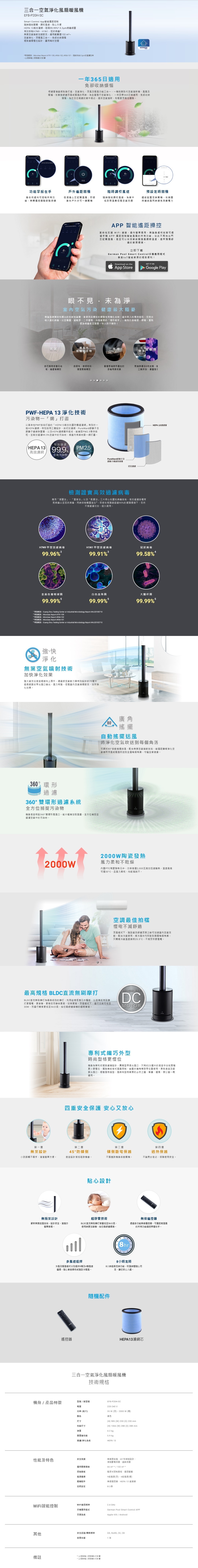 三合一空氣淨化風扇暖風機, Smart Control App智能遙距控制, HEPA 13高效濾網有效抑制H7N9、H1N1、冠狀病毒, 無葉空氣噴射加速對流，適用範圍達132 m²