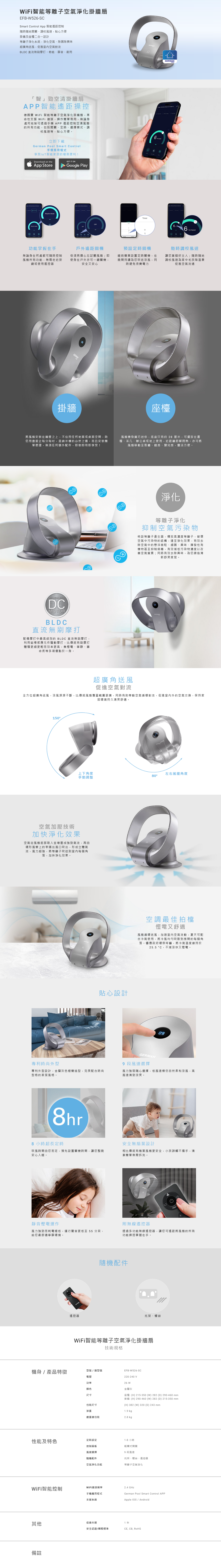 WiFi智能等離子空氣淨化掛牆扇, Smart Control App 智能遙距控制, 掛牆及座檯二合一設計, 等離子淨化系統, 超廣角送風, BLDC 直流無刷摩打