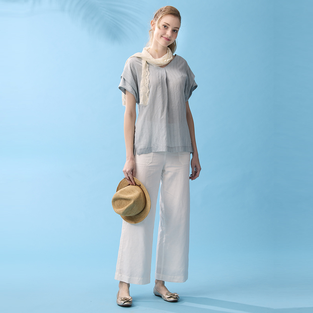 PIPPY 氣質直條紋V領短袖上衣 灰藍