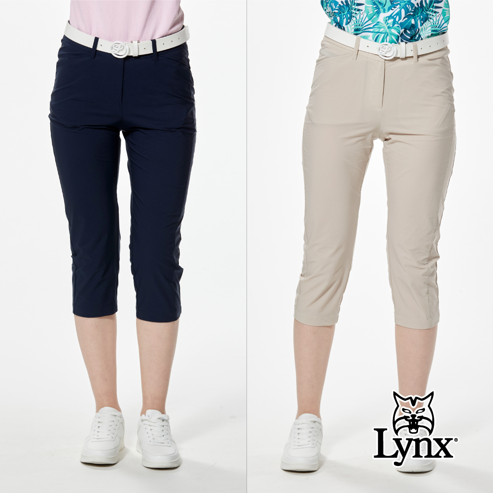 【Lynx Golf】後腰鬆緊帶經典山貓貓頭貼膜窄管七分褲