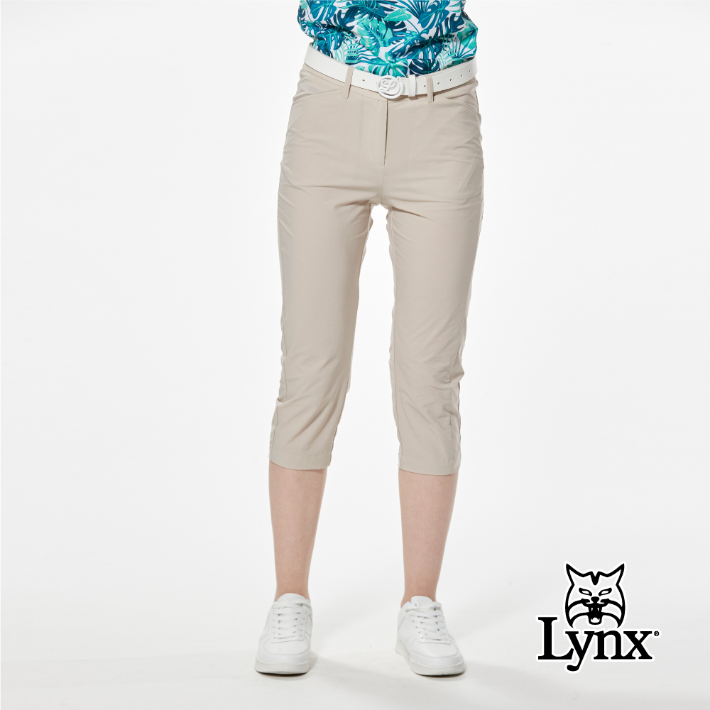 【Lynx Golf】後腰鬆緊帶經典山貓貓頭貼膜窄管七分褲