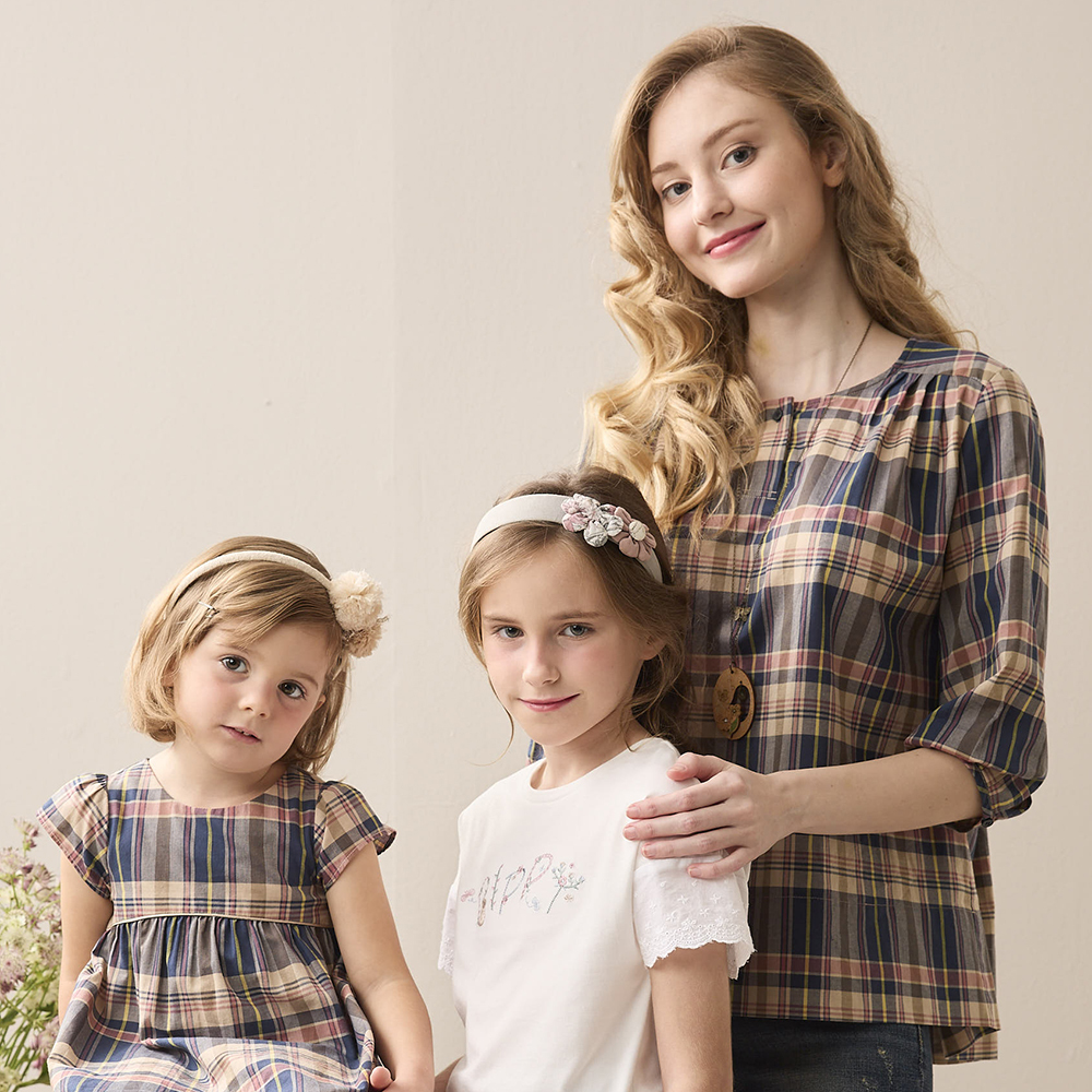 PIPPY 經典格紋圓領純棉5分袖襯衫上衣 紫