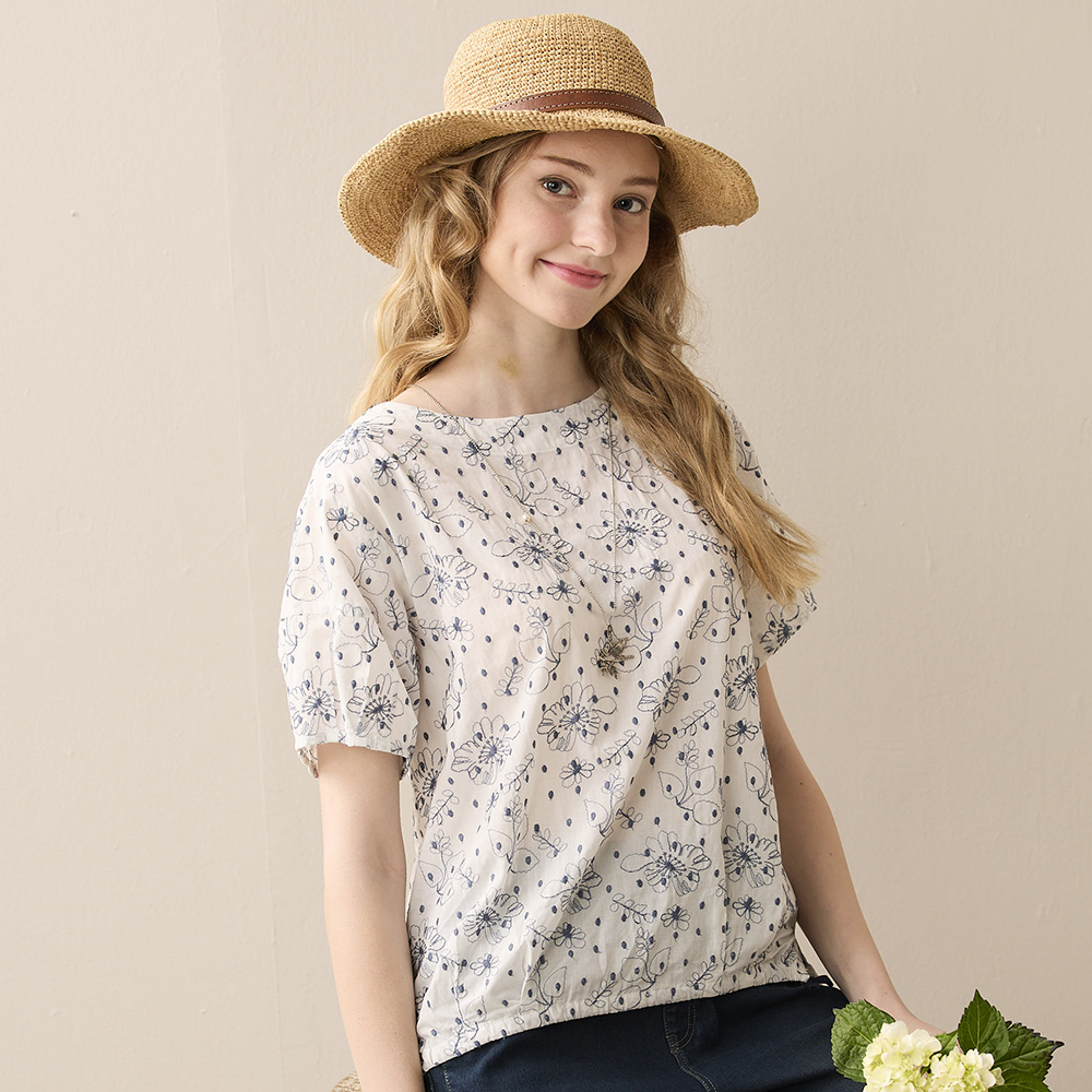 PIPPY夏日滿版印花氣質圓領上衣 白