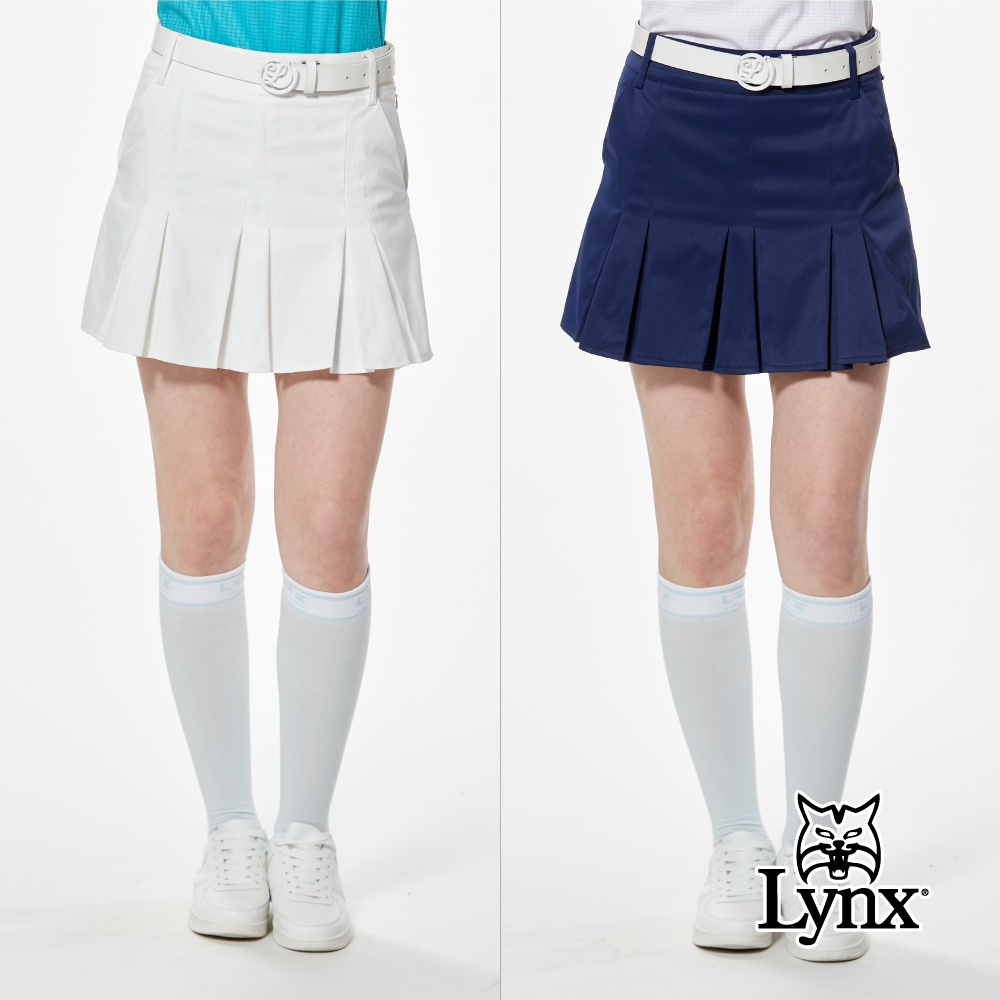 【Lynx Golf】防潑水羅紋緹織造型剪接甜美百褶運動短裙