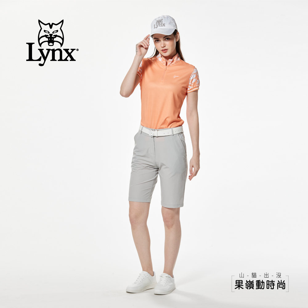 【Lynx Golf】四面彈腰圍羅紋剪接山貓膠標造型直筒五分褲