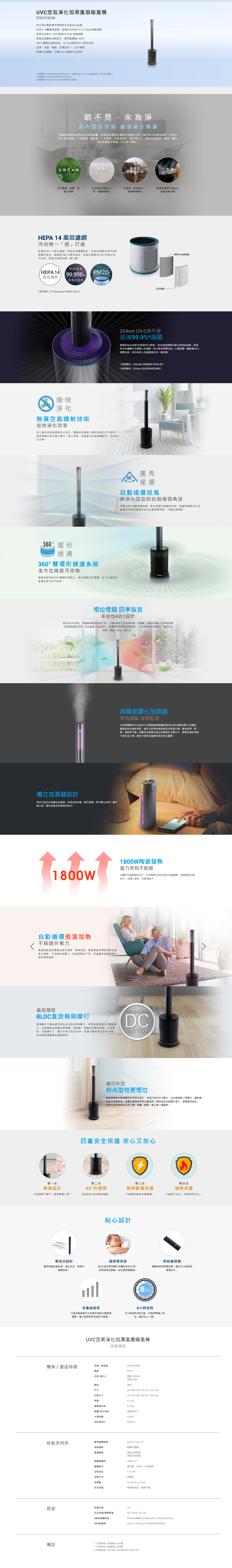 UVC空氣淨化加濕風扇暖風機, 餐飲業所需規格, HEPA 14醫療級濾網, 波長254納米UVC殺滅99.9% 病毒細菌, 無葉空氣噴射加速對流, 360° 雙環形過濾系統
