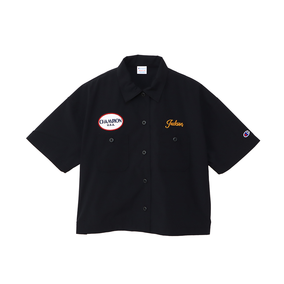 女款 -CASUAL 口袋布章 刺繡 短版 短袖 工裝襯衫-黑色（CW-B312-386）