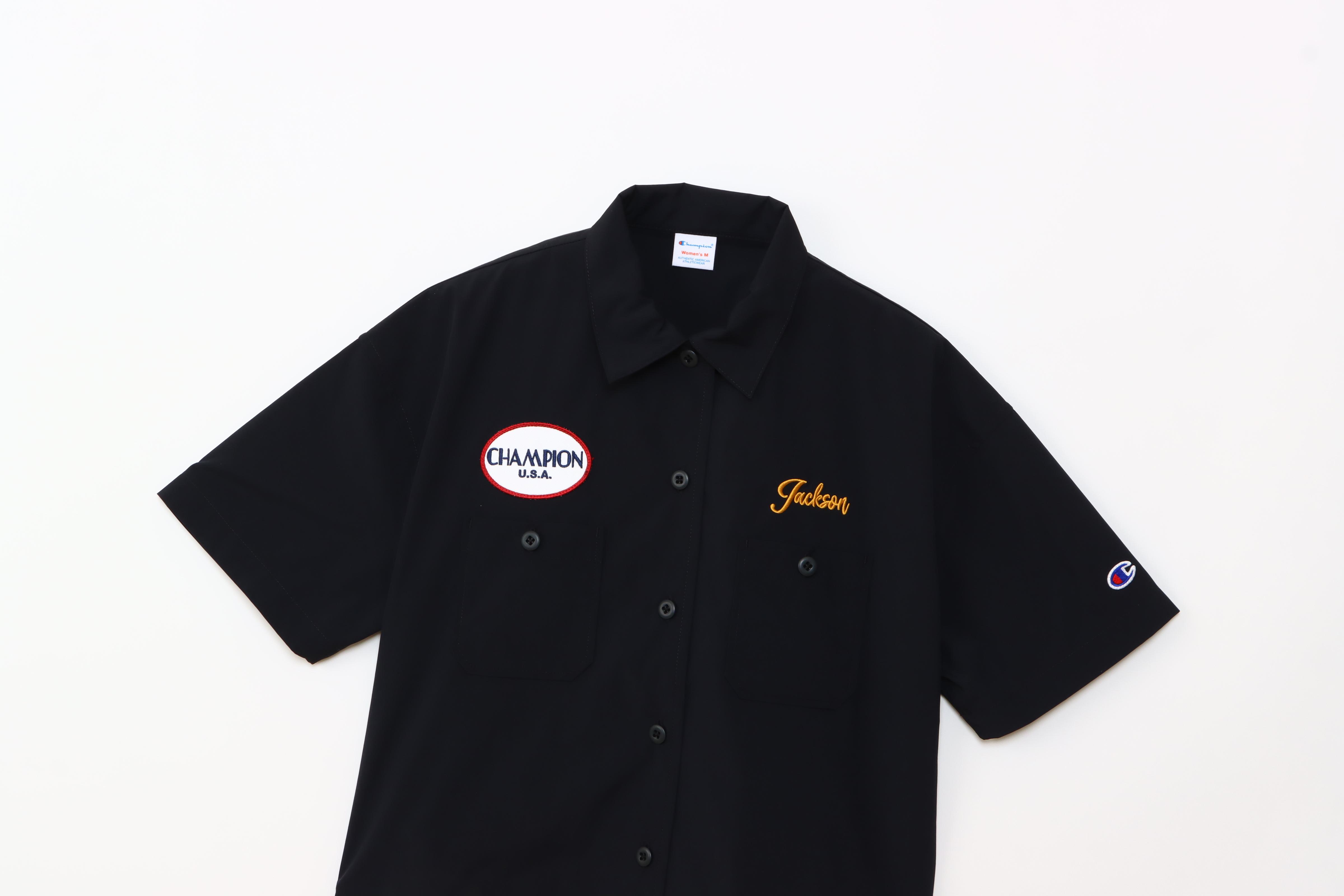 女款 -CASUAL 口袋布章 刺繡 短版 短袖 工裝襯衫-黑色（CW-B312-386）