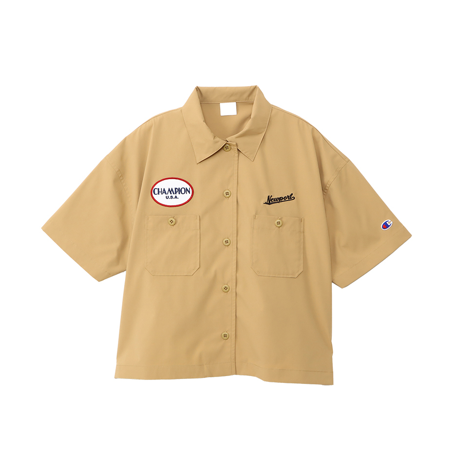 女款 -CASUAL 口袋布章 刺繡 短版 短袖 襯衫-卡其色（CW-B312-782）