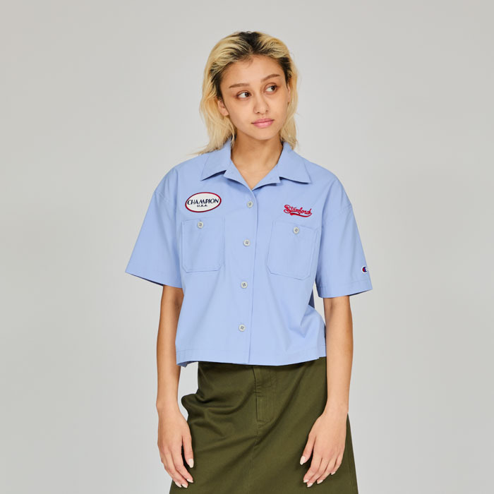 女款 -CASUAL 口袋布章 刺繡 短版 短袖 工裝襯衫-淺藍色（CW-B312-310）