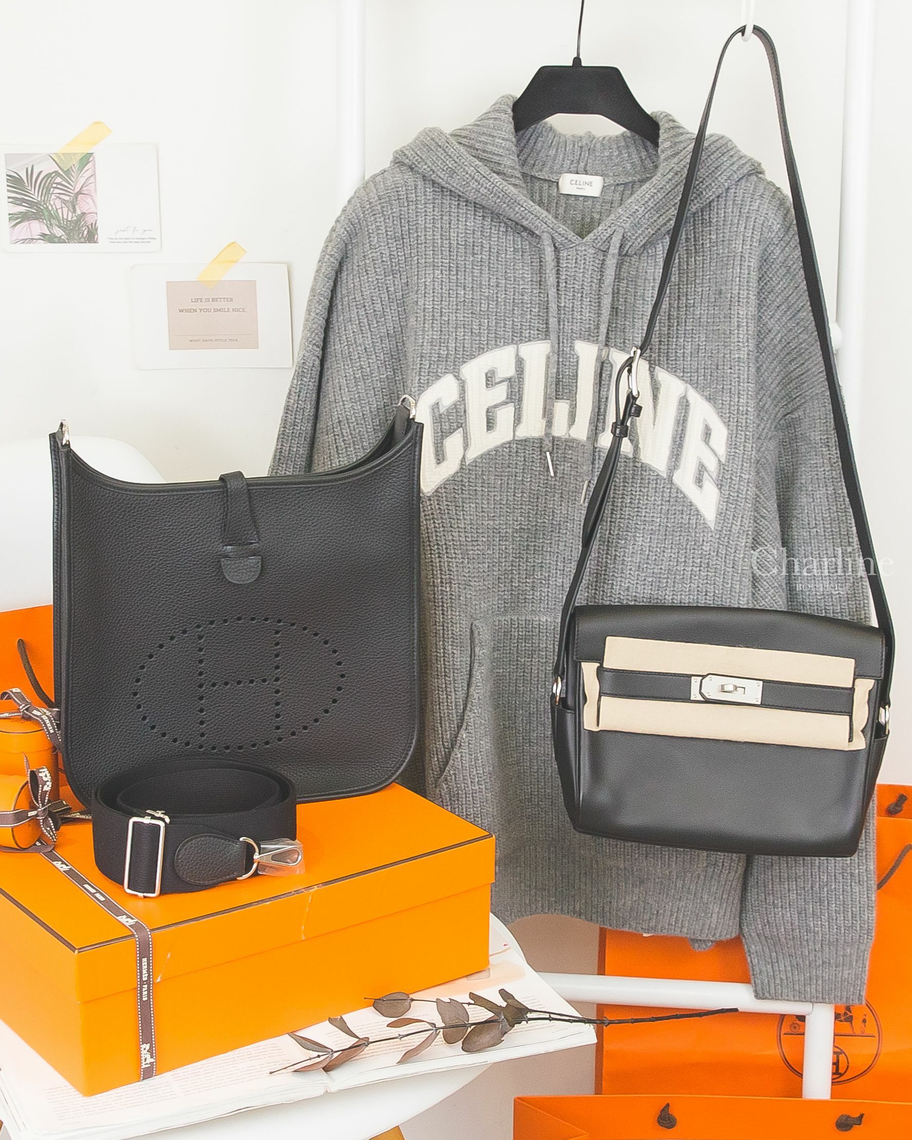 Celine Sweater 灰色刺繡白字針織羊毛連帽落肩寬鬆長袖毛衣,Hermès Kelly Messenger黑色銀釦小型肩背包,Evelyne 29黑色銀釦簍空洞洞肩背包-Charline Boutique 精品代購