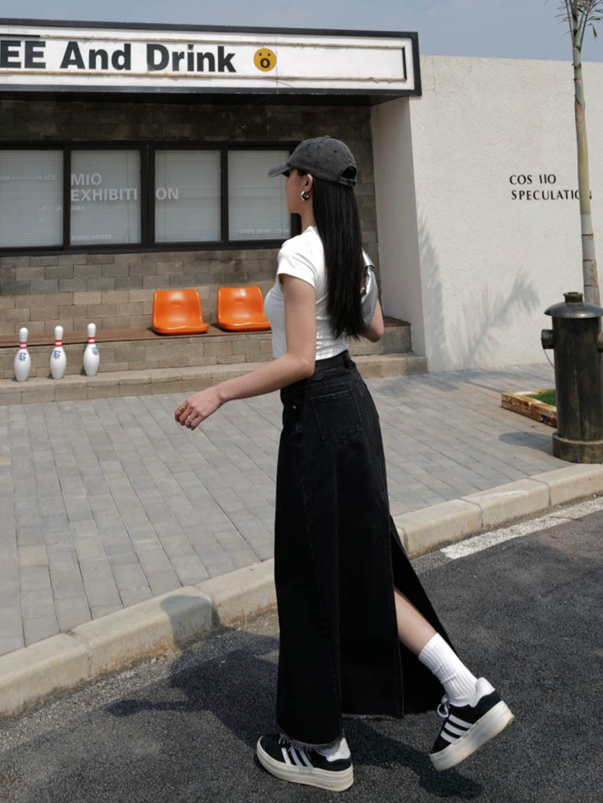 後開衩下鬚車線牛仔長裙*4色