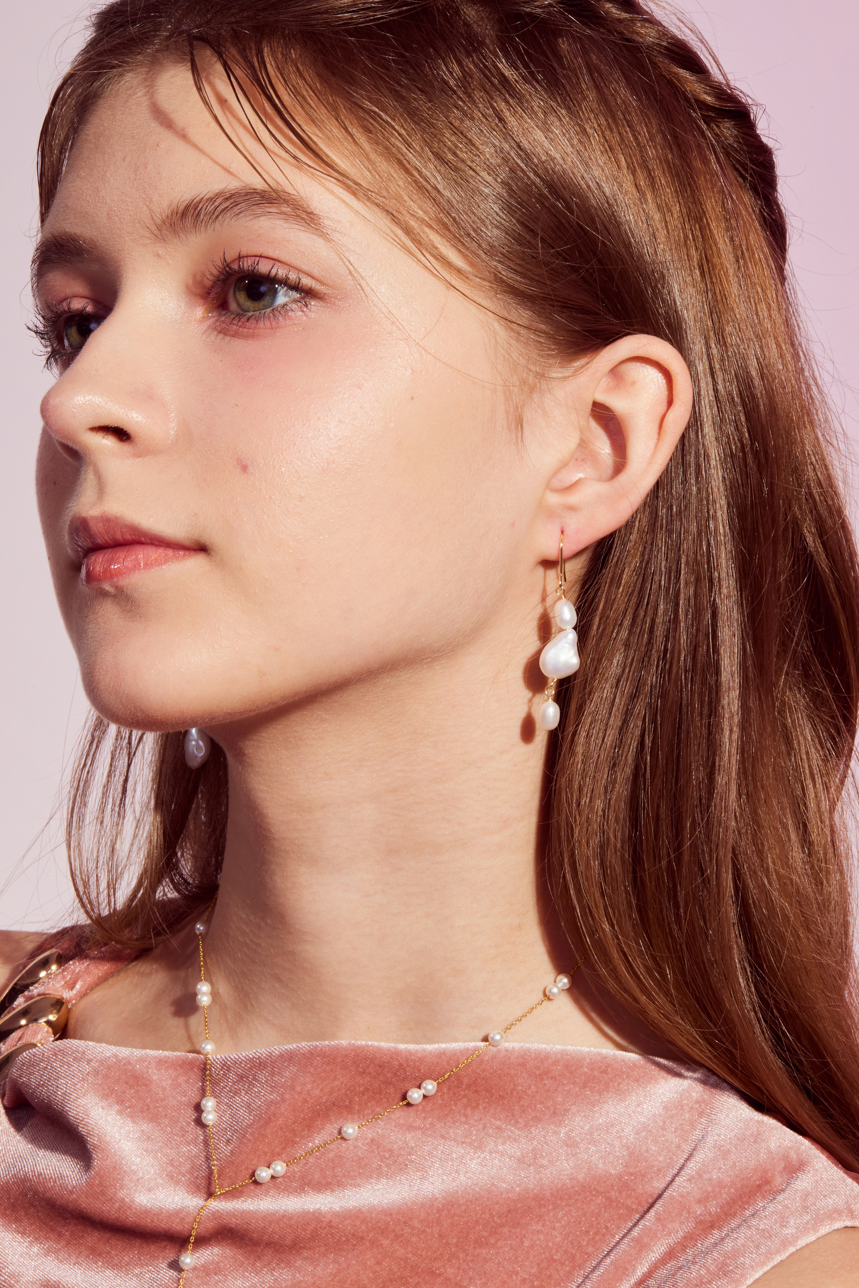 E1850 | 銅鍍14k不對稱天然珍珠耳環