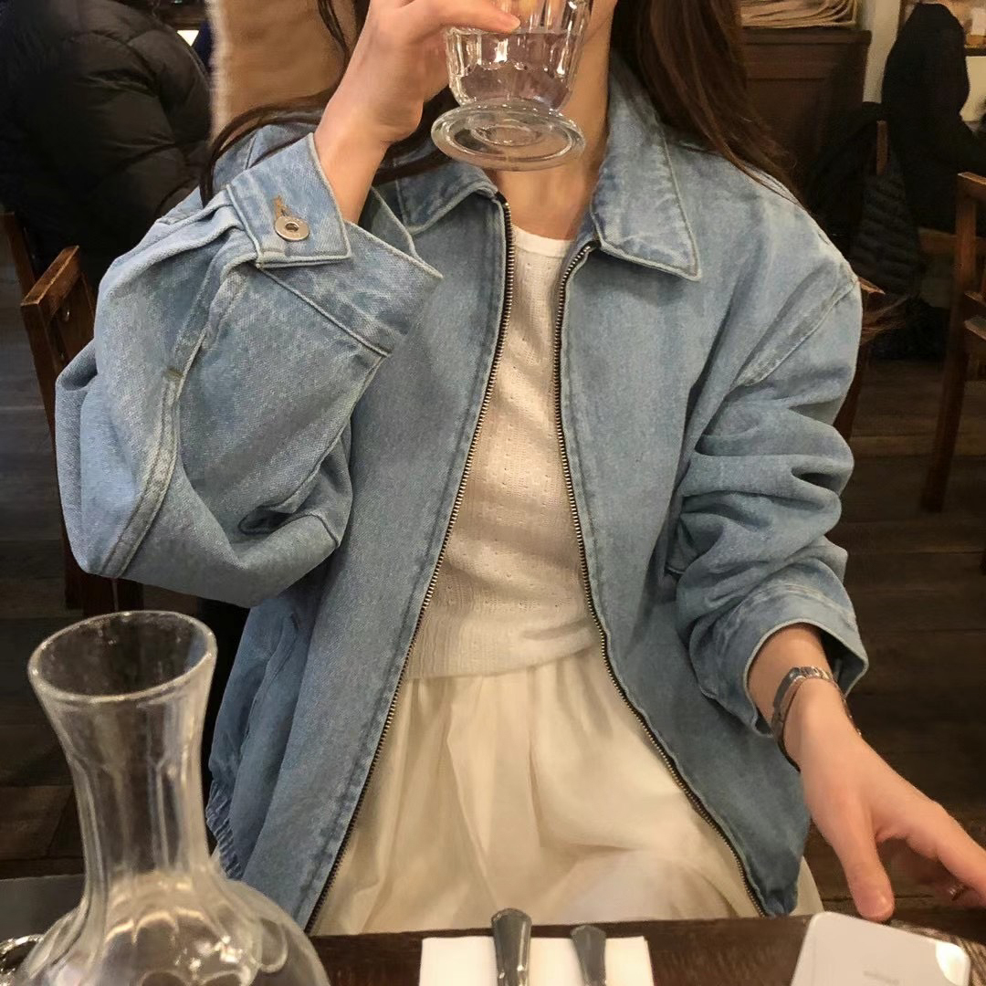 微繭下擺彈性淺牛仔夾克外