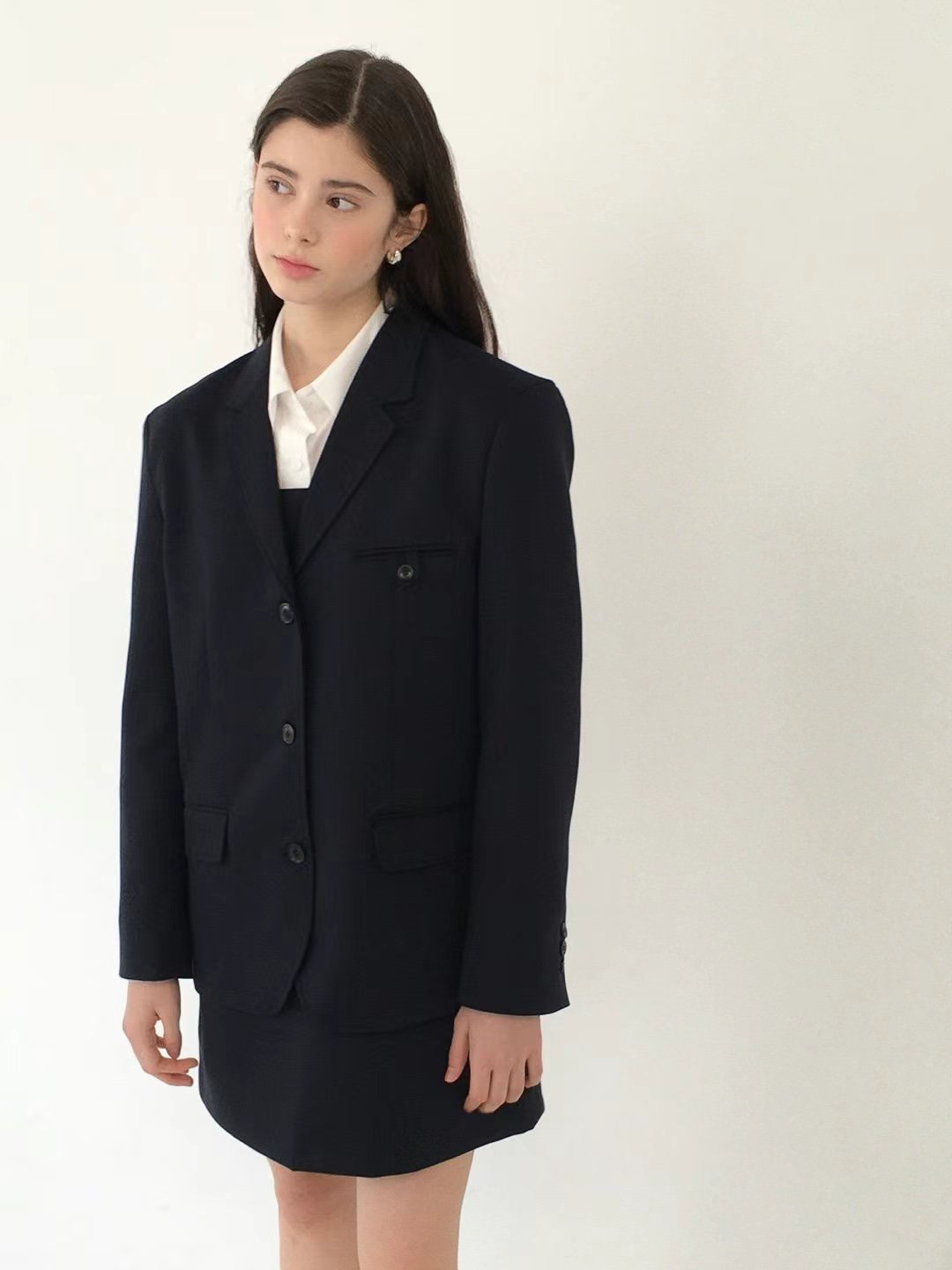 單側雙小釦內裡褲裙(深藍/S)