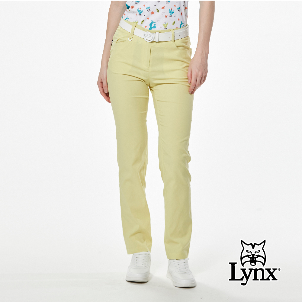 【Lynx Golf】防潑水抗UV亮彩色系後腰羅紋剪接窄管長褲