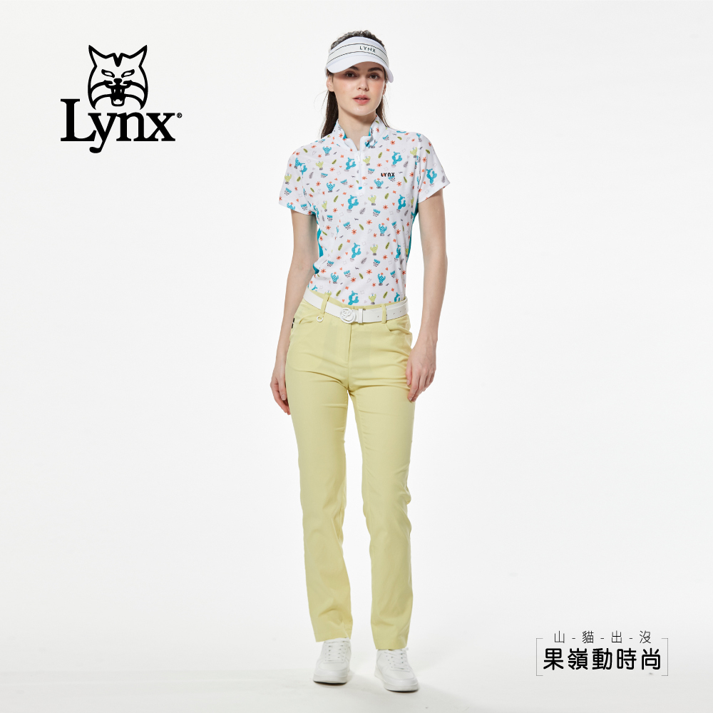 【Lynx Golf】防潑水抗UV亮彩色系後腰羅紋剪接窄管長褲