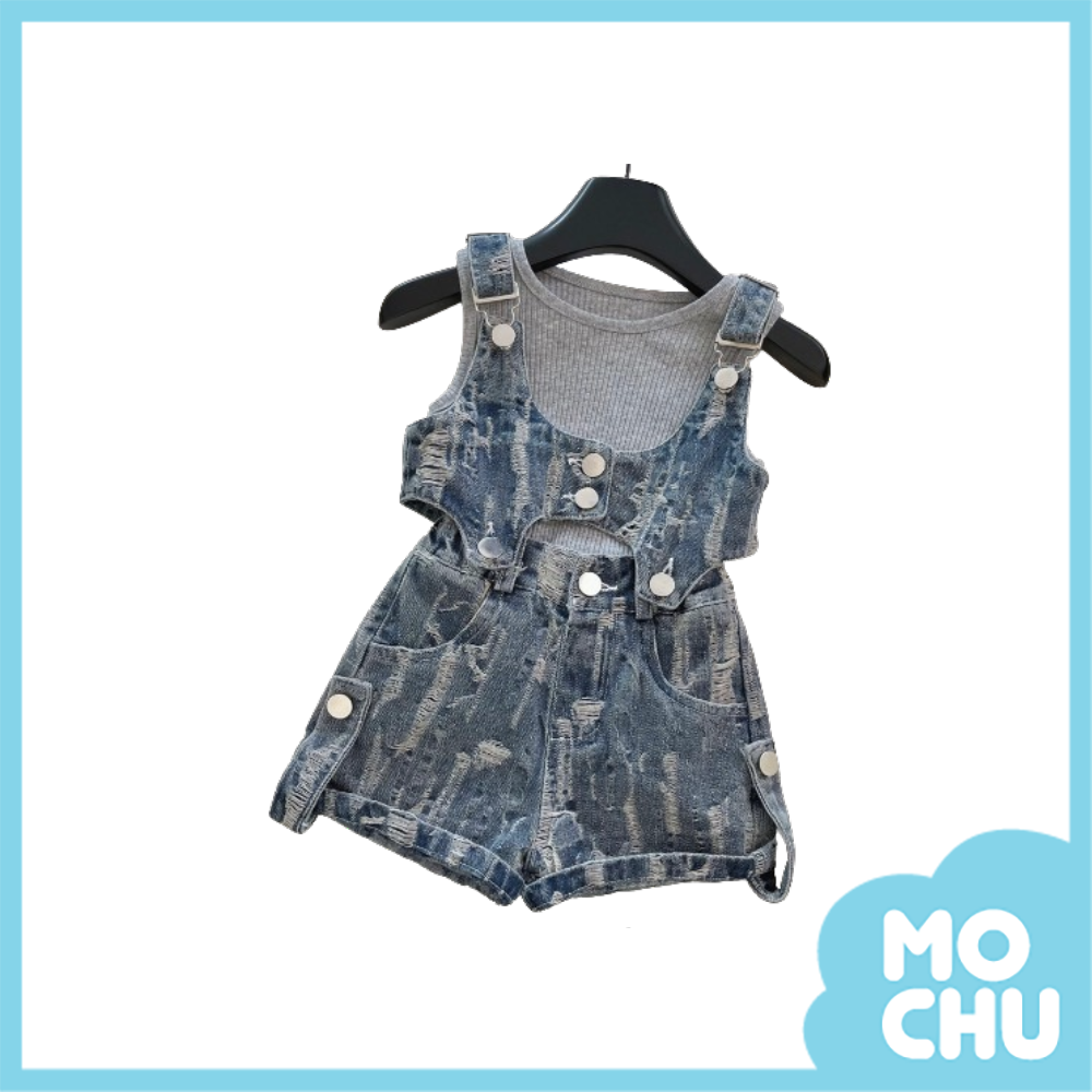 刷破銀釦牛仔吊帶套裝