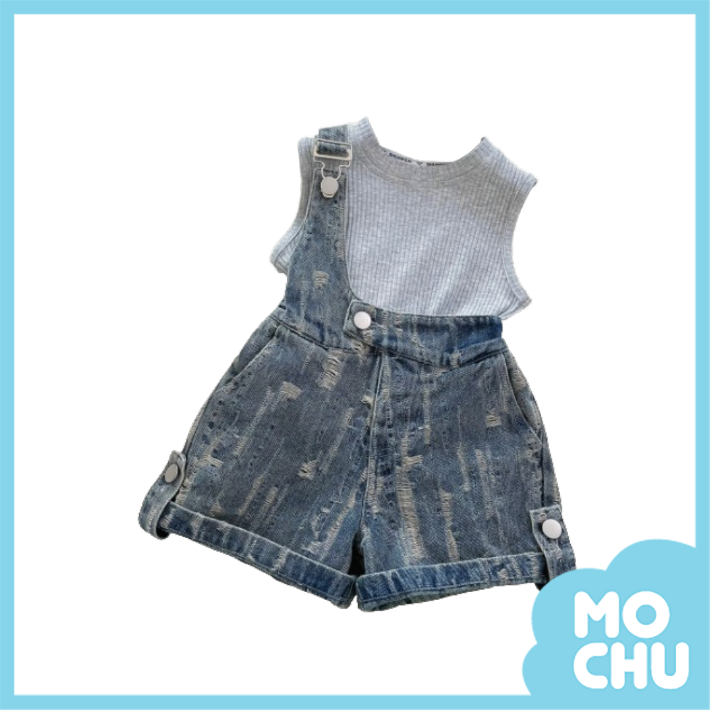 刷破感牛仔單肩吊帶褲套裝