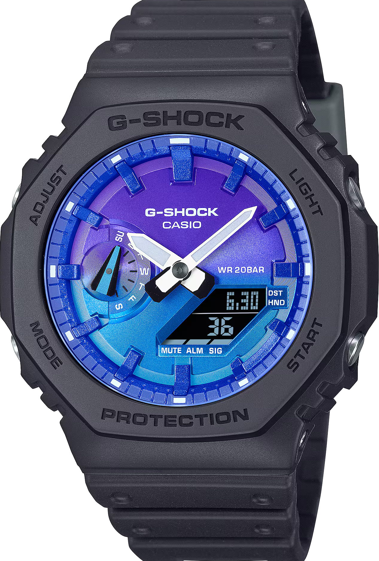 萬年鐘錶 - G-SHOCK  八角錶殼系列閃耀絢麗色彩藍色火焰電子錶 GA-2100FL-1A 錶徑 : 45.4 mm