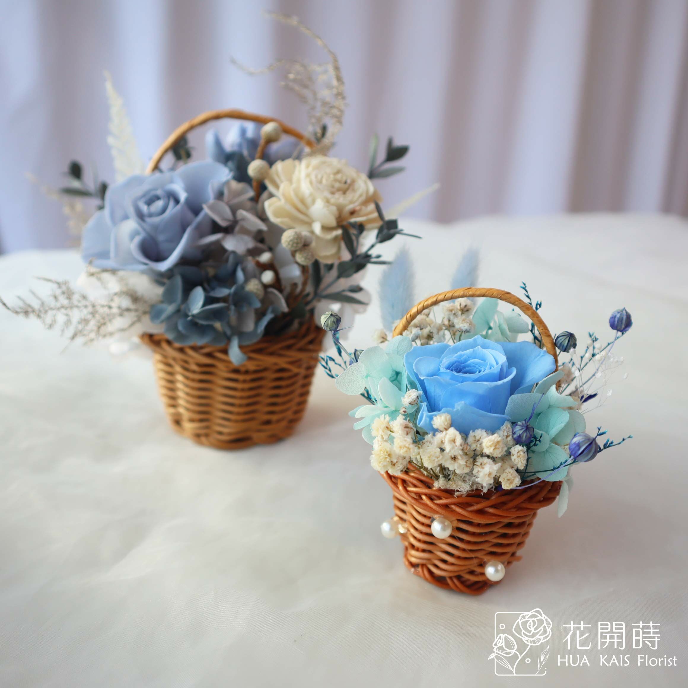 Diy小花籃|莫藍迪藍|永生玫瑰花|辦公室小桌花|永生花禮物