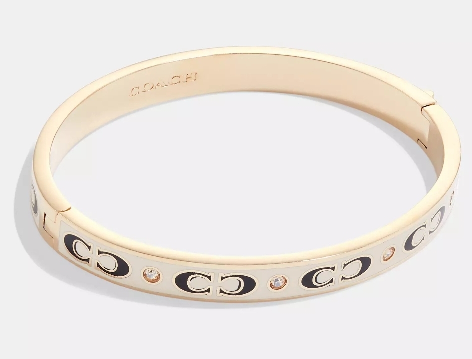 [US] COACH CI904 SIGNATURE ENAMEL HINGED BANGLE,GOLD/WHITE, 889295523148 (SCO1002)
