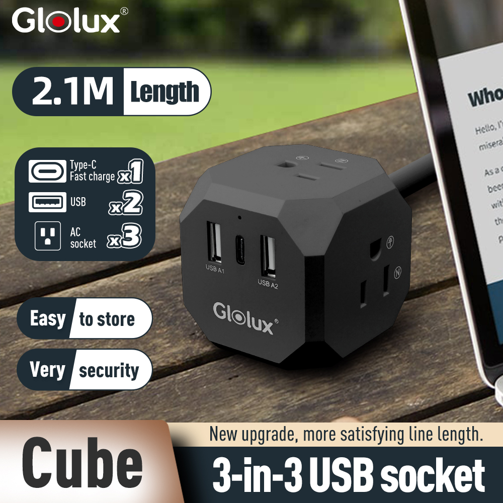 Glolux 3-Sided Socket 3-Pin 3P Socket+2USB + 1Type-C (15W) Extension Cable 2.1M(7ft) (EC200-20W3AB)