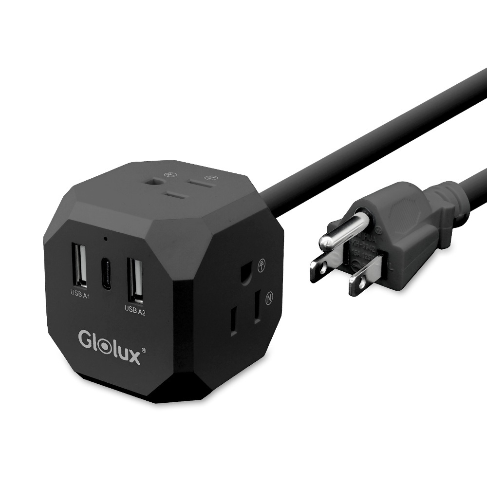 Glolux 3-Sided Socket 3-Pin 3P Socket+2USB + 1Type-C (15W) Extension Cable 2.1M(7ft) (EC200-20W3AB)