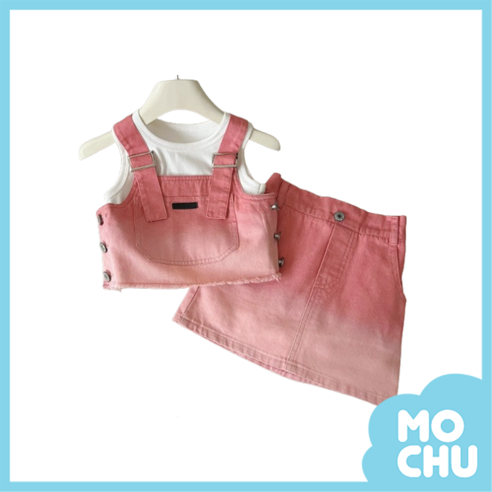 粉漸層牛仔短裙三件式套裝