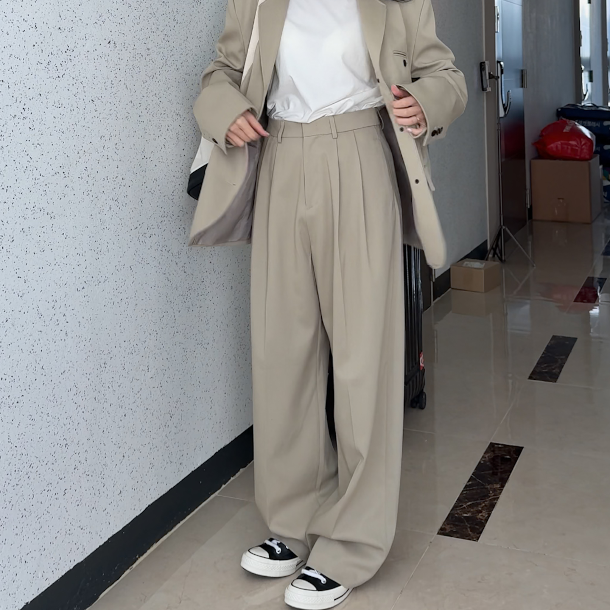 前打摺後口袋小釦西褲(米/M)