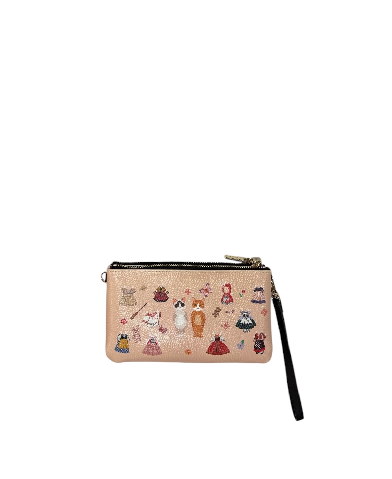 SHUKI paper doll cat leather double zip bag