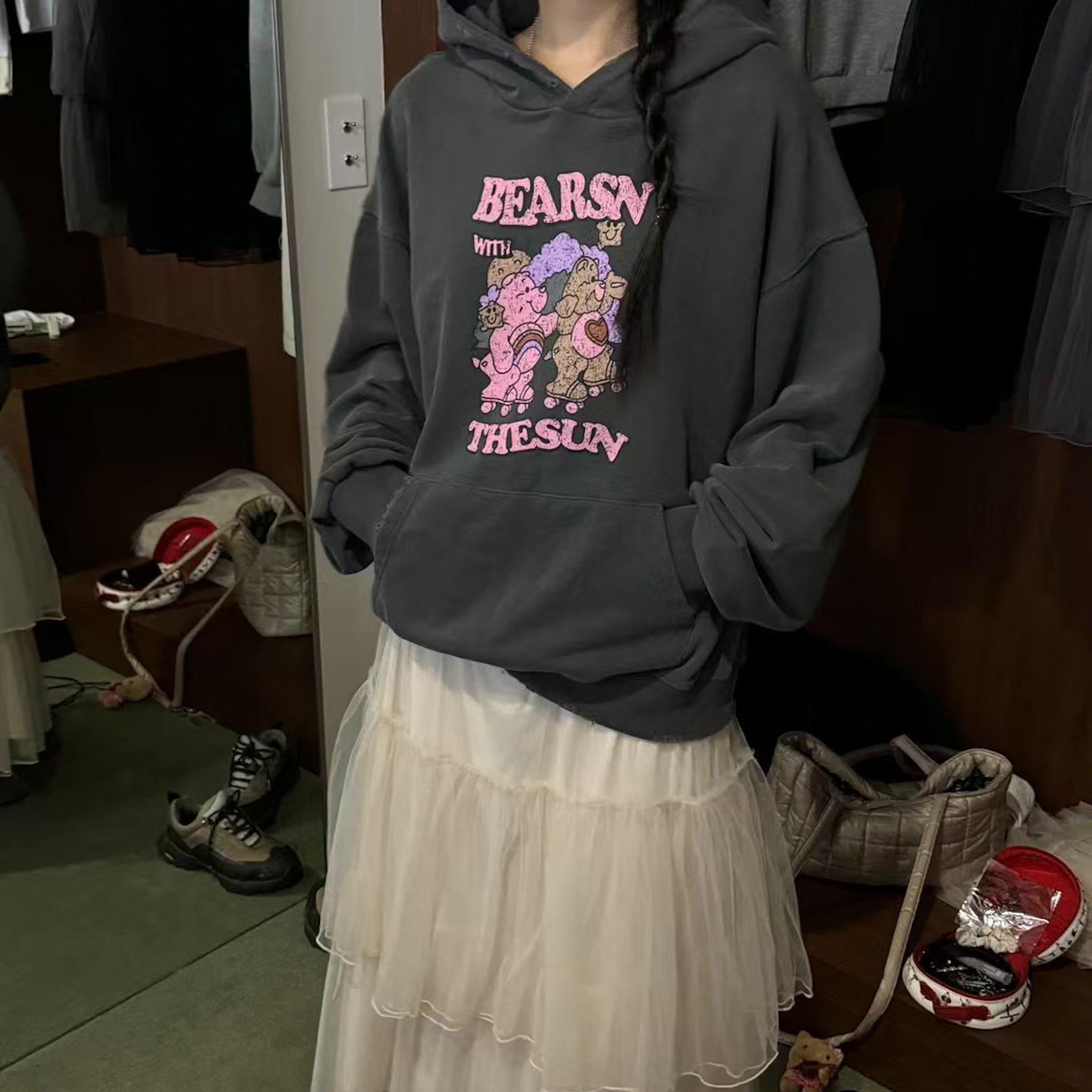 C19可愛小熊破壞感慵懶水洗帽T(灰)