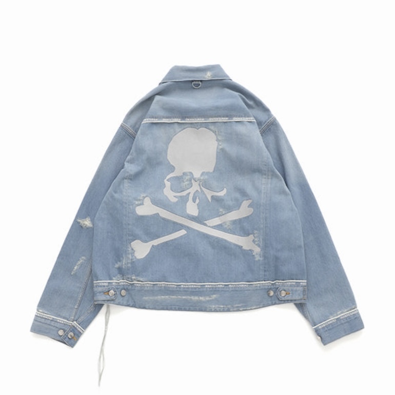 MASTERMIND JAPAN INSIDE-OUT DENIM JACKET MMJ 破壞 做舊 牛仔外套 背後 骷髏 刺繡 金屬吊環 綁繩 日本製 藍色 -MJ25E14-BL015-001