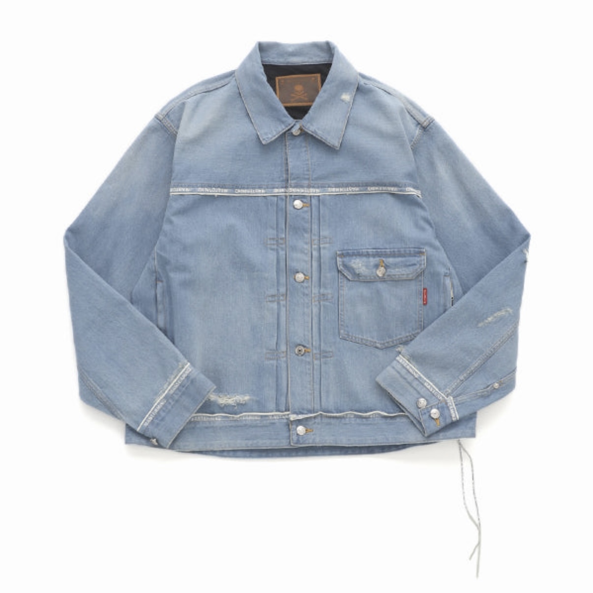 MASTERMIND JAPAN INSIDE-OUT DENIM JACKET MMJ 破壞 做舊 牛仔外套 背後 骷髏 刺繡 金屬吊環 綁繩 日本製 藍色 -MJ25E14-BL015-001