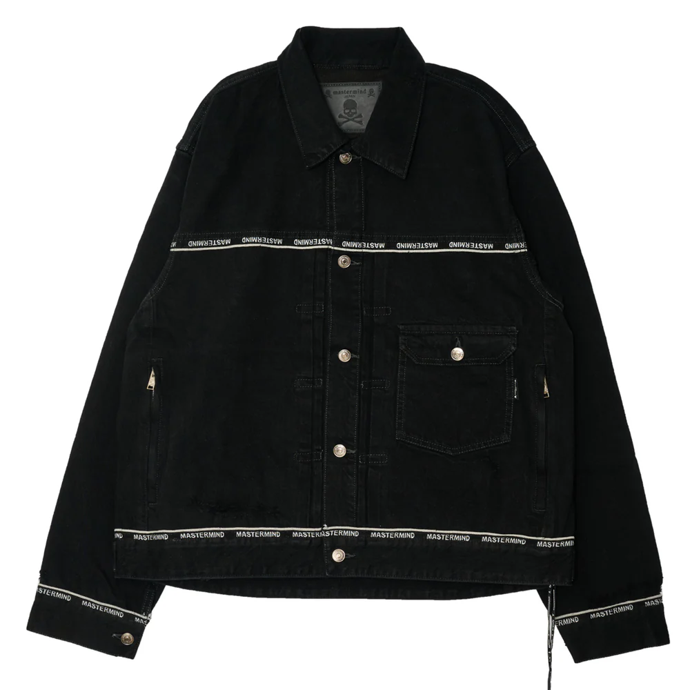 -(E15c01)-MASTERMIND JAPAN INSIDE-OUT DENIM JACKET MMJ 破壞 做舊 牛仔外套 背後 骷髏 刺繡 金屬吊環 綁繩 日本製 黑色 -MJ25E14-BL015-001