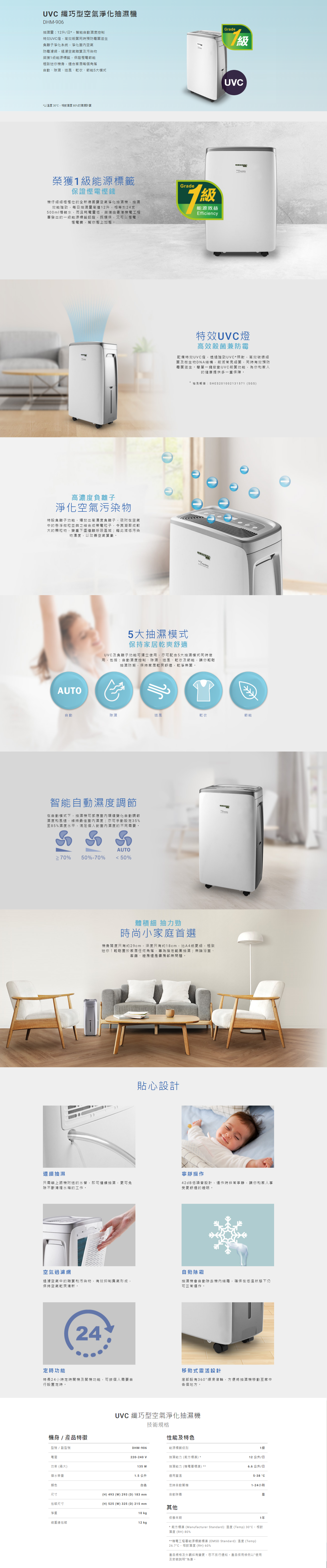 UVC 纖巧型空氣淨化抽濕機, 抽濕量：12升/日，智能自動濕度控制, 特效UVC燈, 負離子淨化系統, 榮獲1級能源標籤, 迷你機身